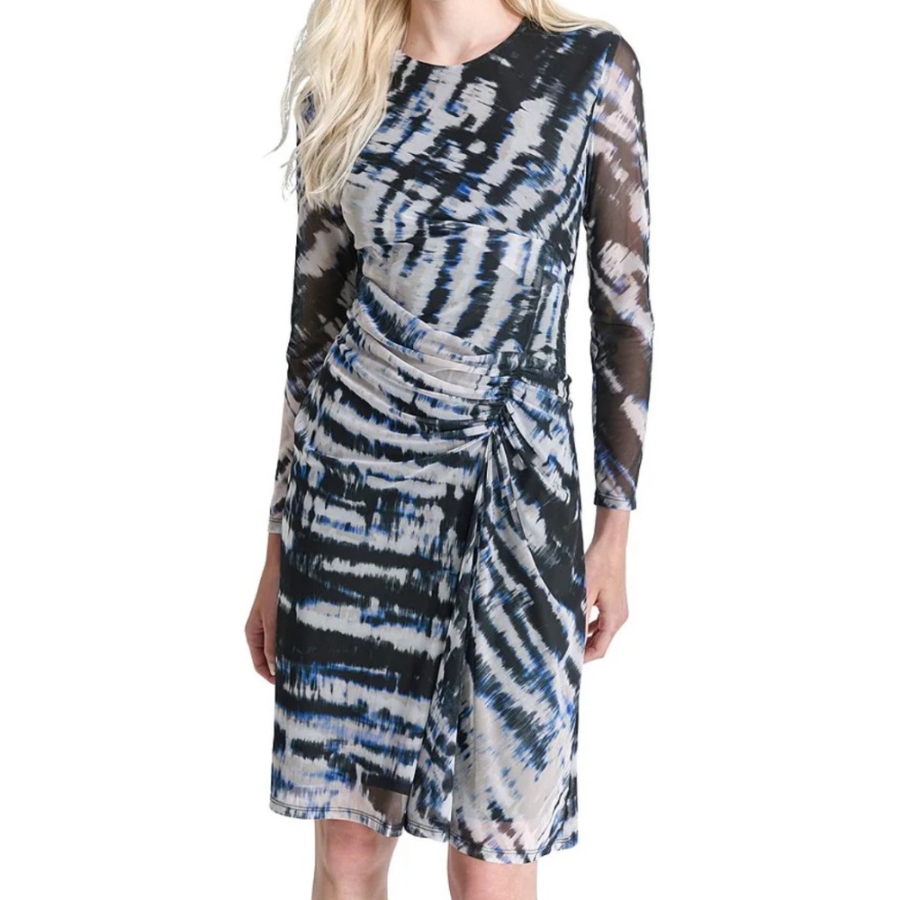 DKNY by Donna Karan Mesh Knit Crew Neck Long Sleeve Ruched Bodice Sheath Dress